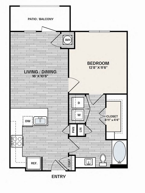 Floor plan for 1 bed, 1 bath, 679 sqft